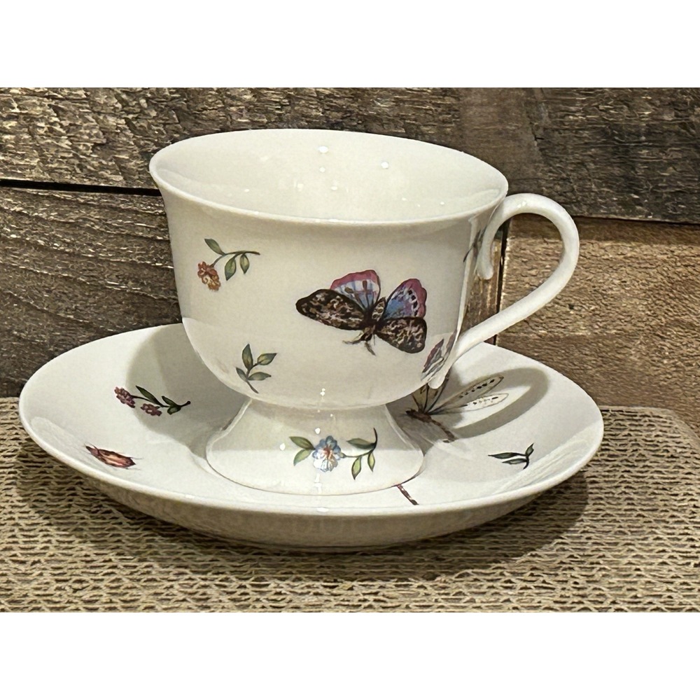 Nantucket Home Fine Porcelain Floral Butterfly Dragonfly Bee Insect Cup Saucer